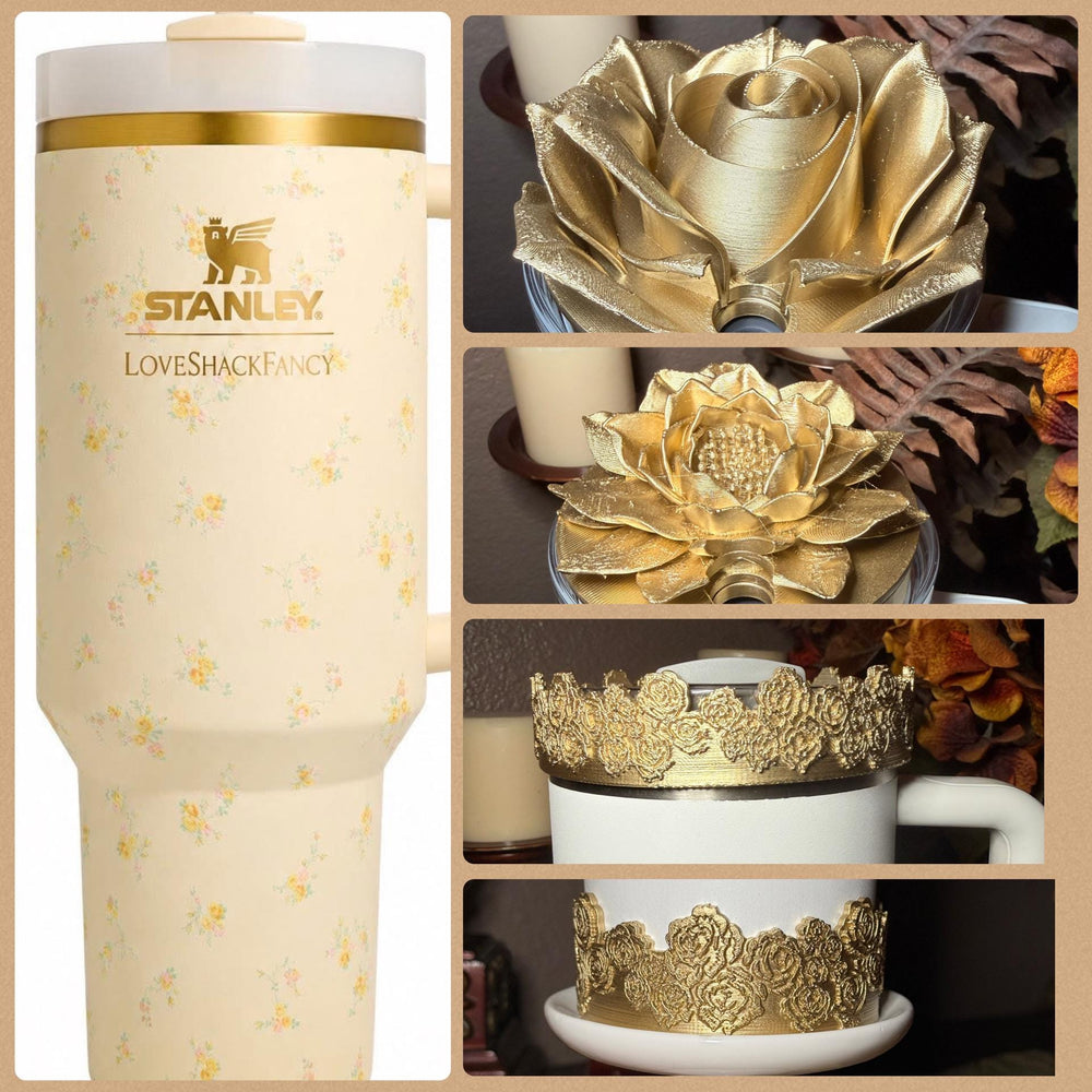 Gold Floral Tumbler Topper, boot or halo for the Love Shack Fancy Lemon Haze and Polaroid Pink Stanley Tumblers