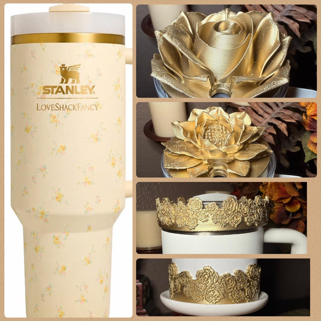 Gold Floral Tumbler Topper, boot or halo for the Love Shack Fancy Lemon Haze and Polaroid Pink Stanley Tumblers
