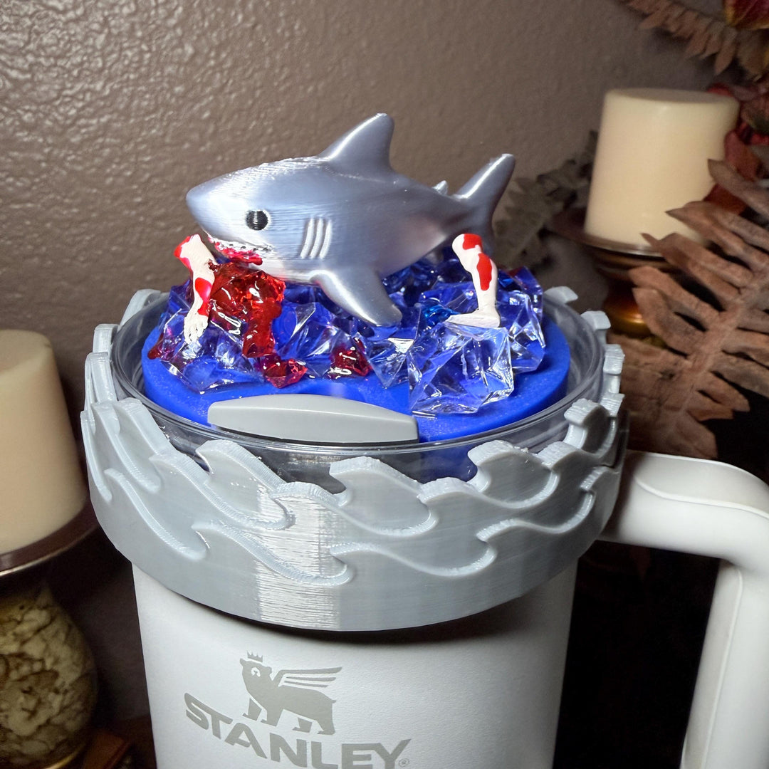 Shark Attack Tumbler Topper, with a Shark Week feel to it, fit's Stanley 30 and 40 oz size