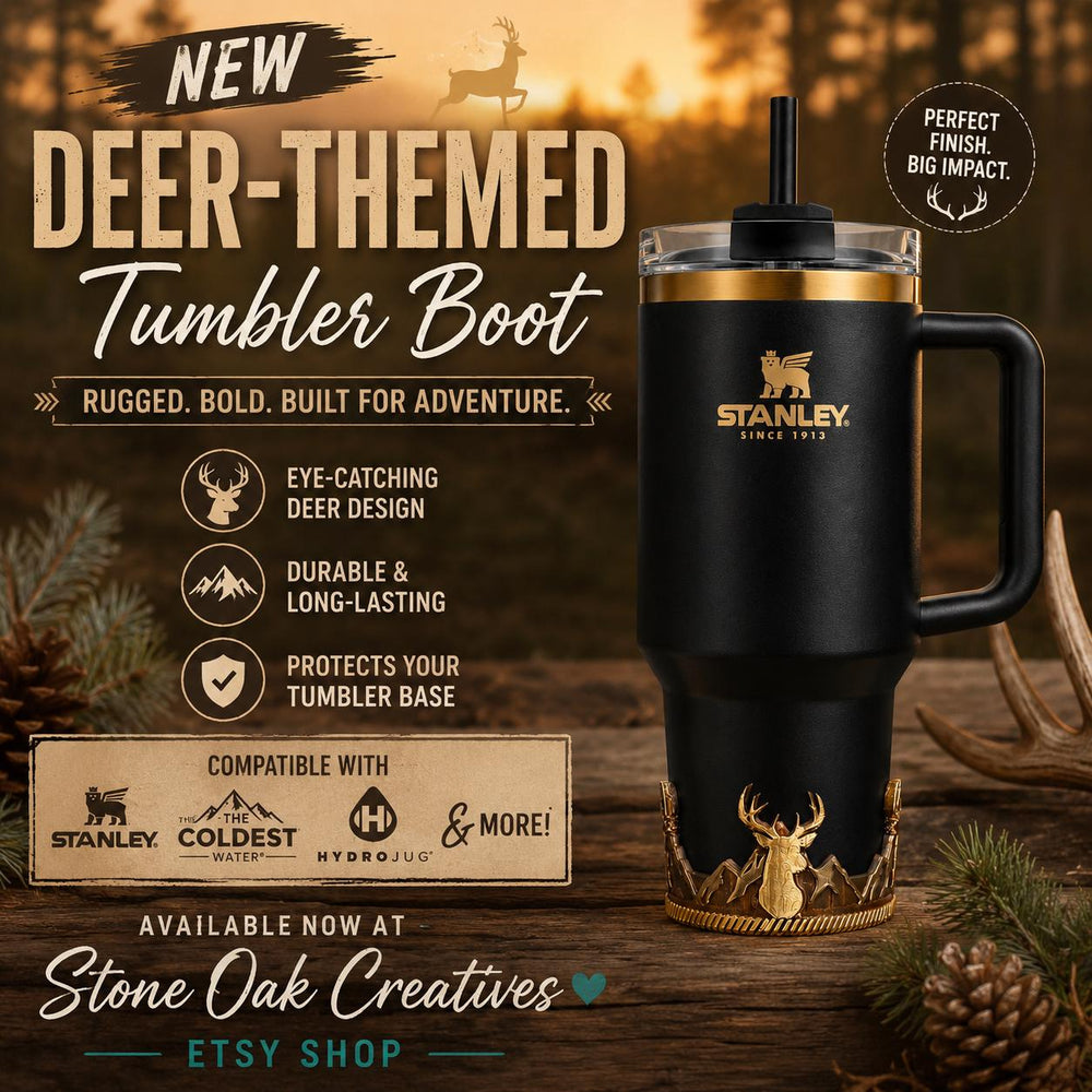 Deer Tumbler Boot, Fathers Day, fits your Stanley, Hydrojug, Coldest Tumblers and others, Unique Gift, brown and gold matching colors