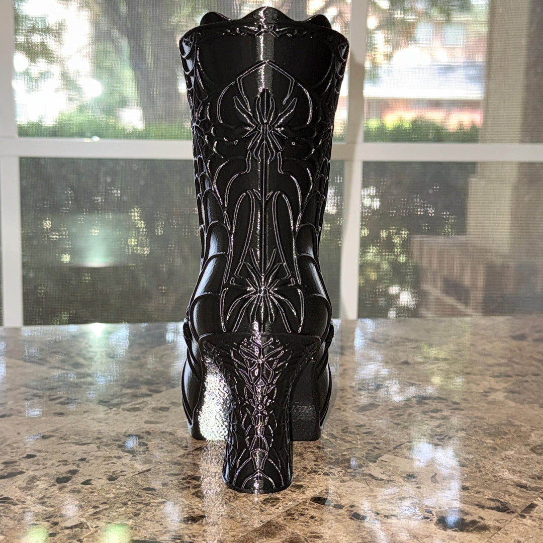Curly Toe Witch Boot Vase, Gothic Spiderweb Decor, 3D Printed Black Halloween Shelf Decor, Witchy Curled Boot Floral Vase, Dark Home Accent