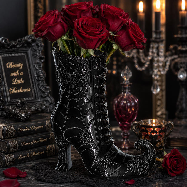 Curly Toe Witch Boot Vase, Gothic Spiderweb Decor, 3D Printed Black Halloween Shelf Decor, Witchy Curled Boot Floral Vase, Dark Home Accent