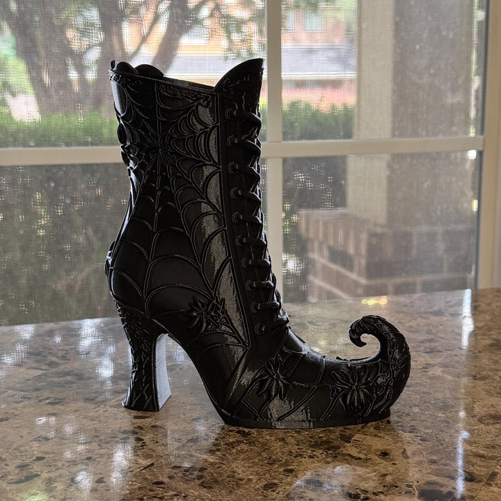 Curly Toe Witch Boot Vase, Gothic Spiderweb Decor, 3D Printed Black Halloween Shelf Decor, Witchy Curled Boot Floral Vase, Dark Home Accent