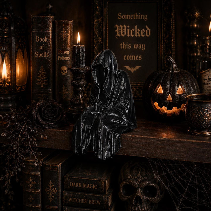 Dark Phantom Grim Reaper Shelf Sitter, Hooded Gothic Figurine, 3D Printed Ghost Decor, Dark Academia Bookshelf Accent, Halloween gift