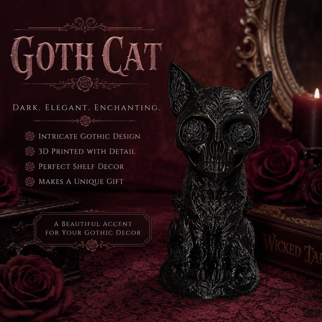 Goth Cat Figure Shelf Decor, Sugar Skull Cat Statue, Dark Home Accent, 3D Printed Gothic Cat, Halloween Decor, Creepy Dark Aesthetic
