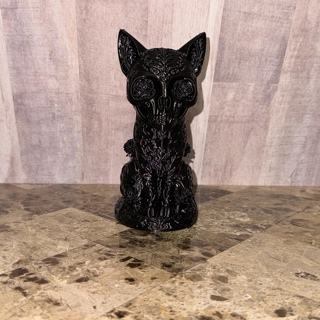 Goth Cat Figure Shelf Decor, Sugar Skull Cat Statue, Dark Home Accent, 3D Printed Gothic Cat, Halloween Decor, Creepy Dark Aesthetic