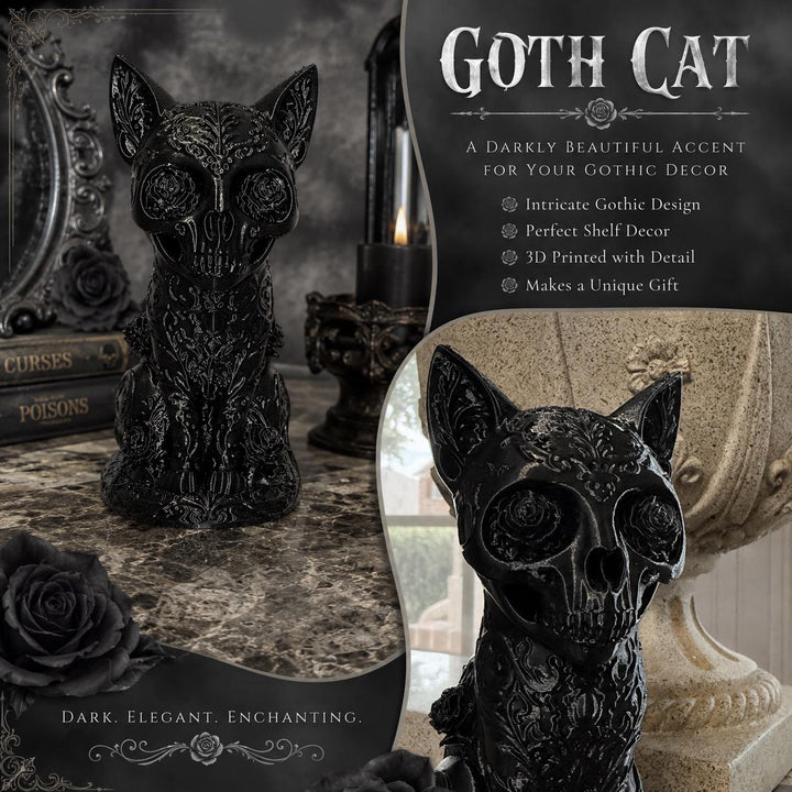 Goth Cat Figure Shelf Decor, Sugar Skull Cat Statue, Dark Home Accent, 3D Printed Gothic Cat, Halloween Decor, Creepy Dark Aesthetic