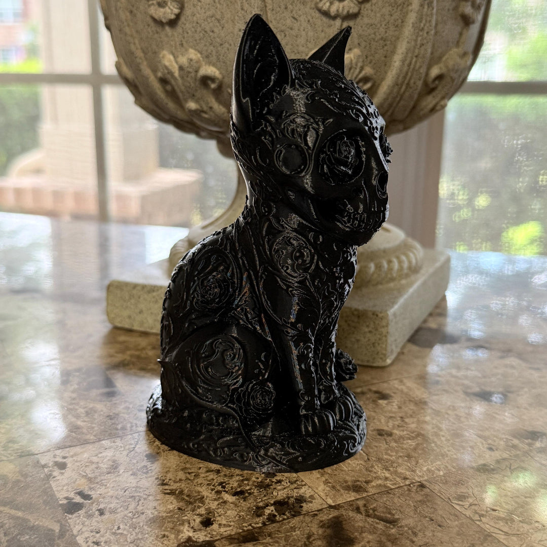 Goth Cat Figure Shelf Decor, Sugar Skull Cat Statue, Dark Home Accent, 3D Printed Gothic Cat, Halloween Decor, Creepy Dark Aesthetic