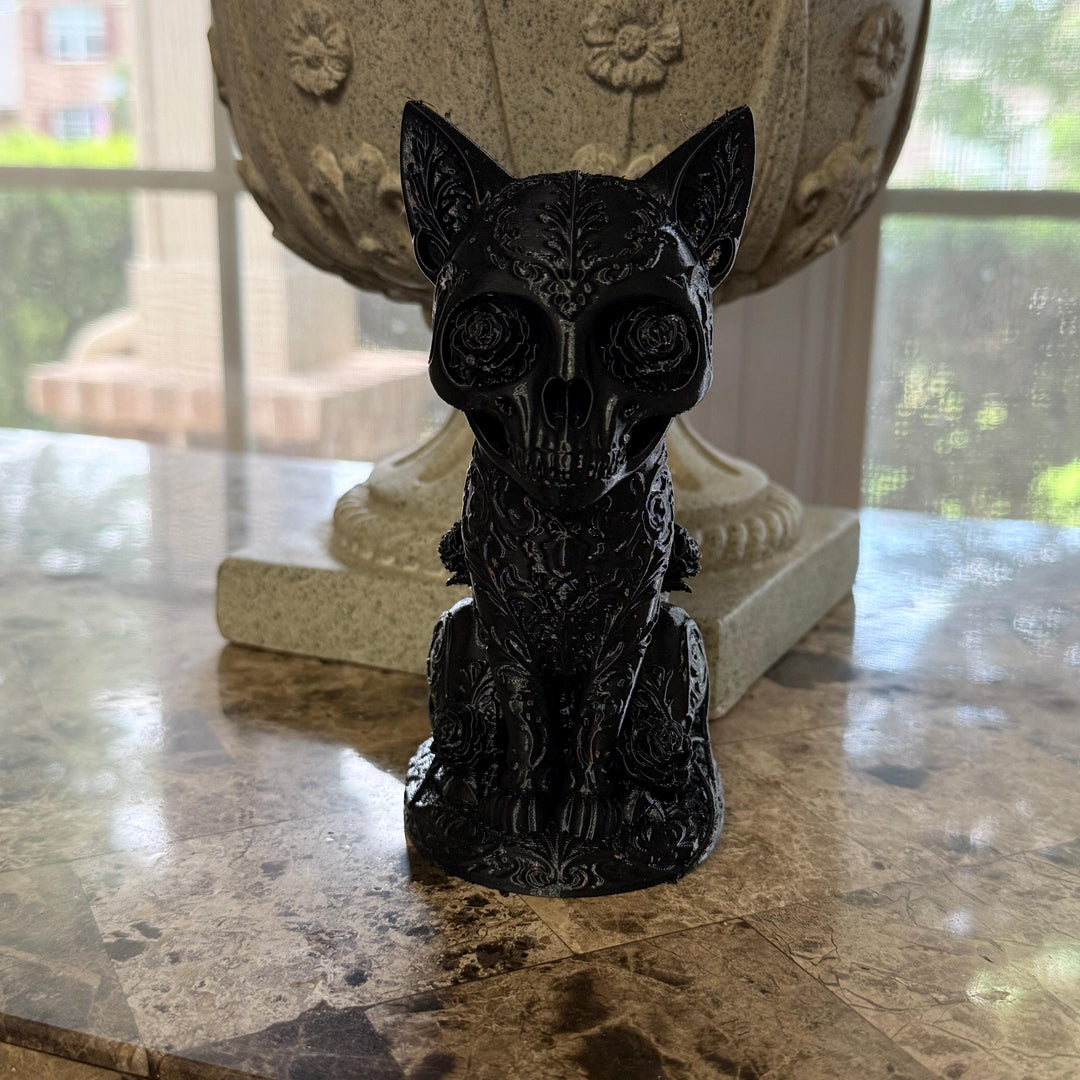 Goth Cat Figure Shelf Decor, Sugar Skull Cat Statue, Dark Home Accent, 3D Printed Gothic Cat, Halloween Decor, Creepy Dark Aesthetic