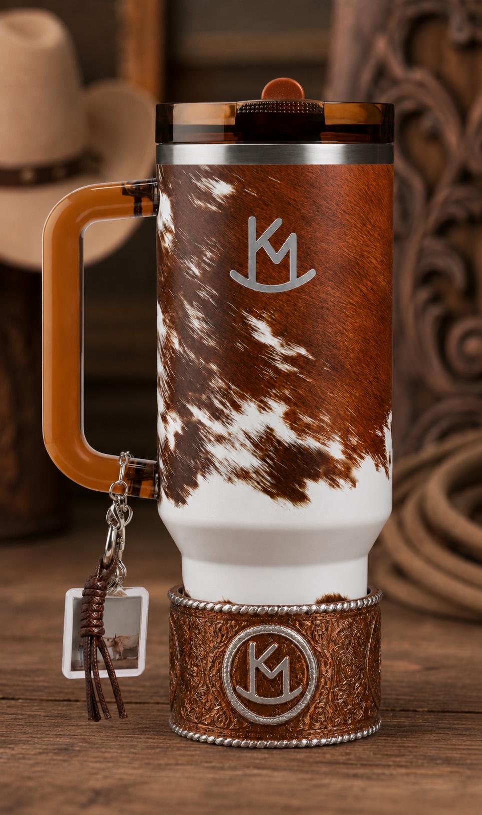 Tooled Leather and Branded Tumbler Boot, Concho Turquoise, Country Gold Horse Rodeo Cup Sleeve, fits Stanley, Coldest and HydroJug Tumblers
