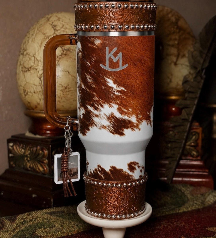 Tooled Leather and Branded Tumbler Boot, Concho Turquoise, Country Gold Horse Rodeo Cup Sleeve, fits Stanley, Coldest and HydroJug Tumblers