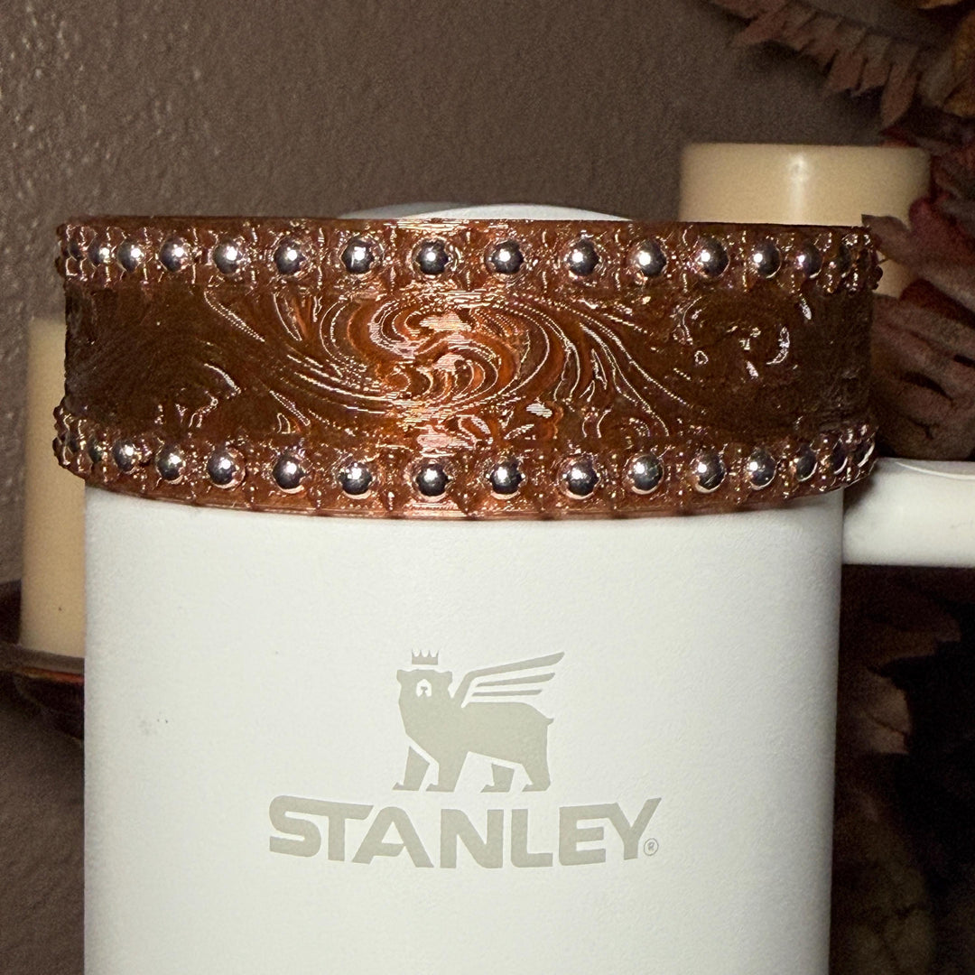 Tooled Leather and Branded Tumbler Boot, Concho Turquoise, Country Gold Horse Rodeo Cup Sleeve, fits your Kacey Musgraves Stanley Tumbler