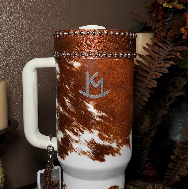 Tooled Leather and Branded Tumbler Boot, Concho Turquoise, Country Gold Horse Rodeo Cup Sleeve, fits Stanley, Coldest and HydroJug Tumblers