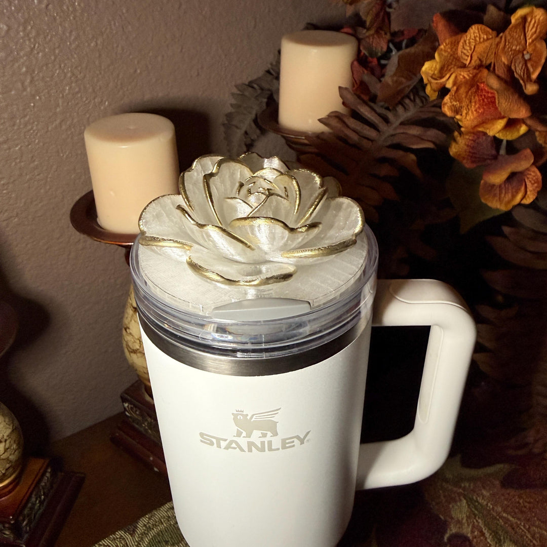 Stunning Translucent Magnolia with Gold Tips Tumbler Topper, fits Stanley tumbler lids