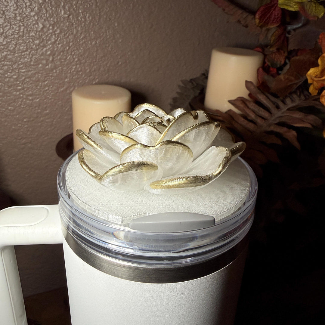 Stunning Translucent Magnolia with Gold Tips Tumbler Topper, fits Stanley tumbler lids