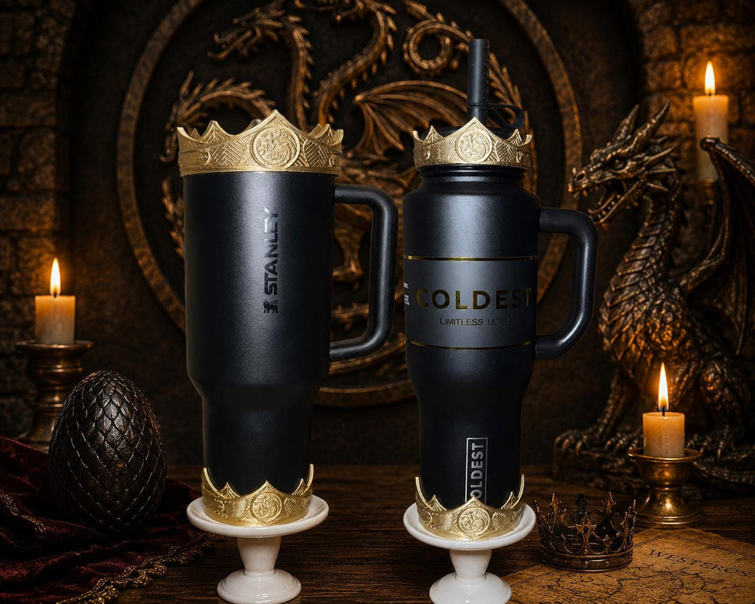 Gold Crown Boot and Halo, HOTD Tumbler Accessories, Fits Stanley, Coldest, Hydrojug and more, unique trending dragon crest gift