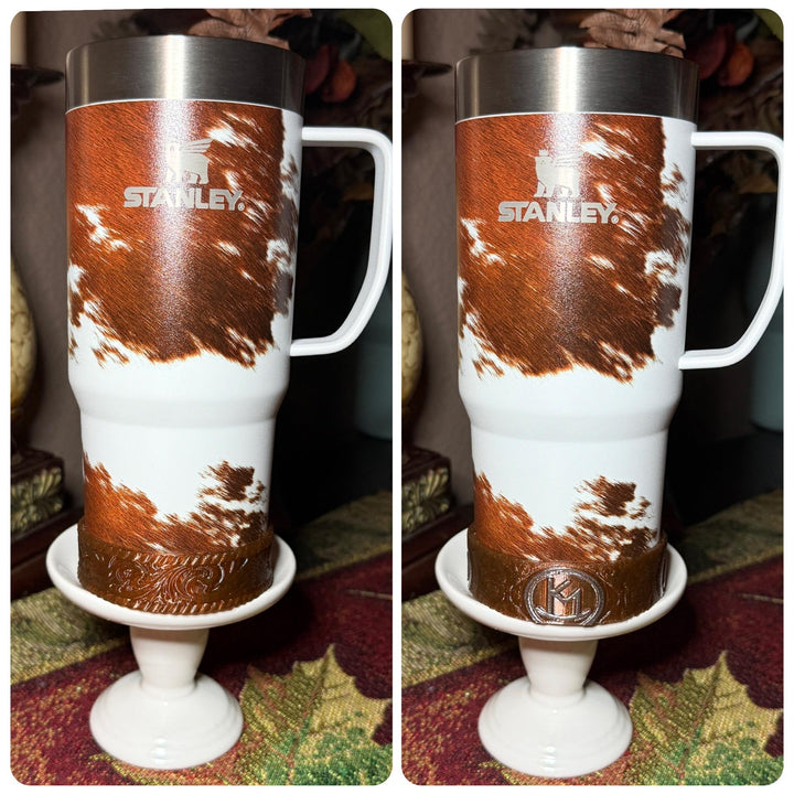 Tooled Leather and Branded Tumbler Boot, Concho Turquoise, Country Gold Horse Rodeo Cup Sleeve, fits Stanley, Coldest and HydroJug Tumblers