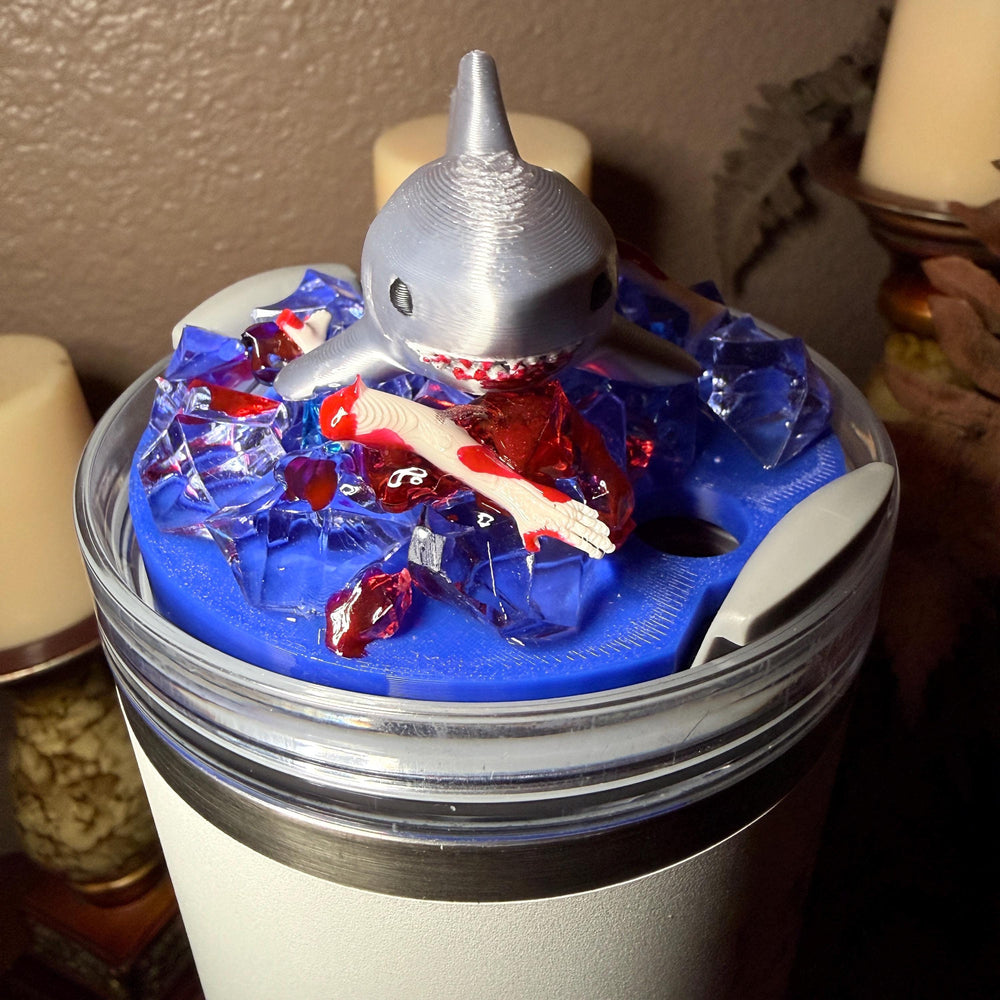 Shark Attack Tumbler Topper, with a Shark Week feel to it, fit's Stanley 30 and 40 oz size