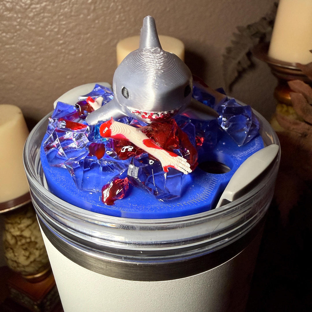 Shark Attack Tumbler Topper, with a Shark Week feel to it, fit's Stanley 30 and 40 oz size