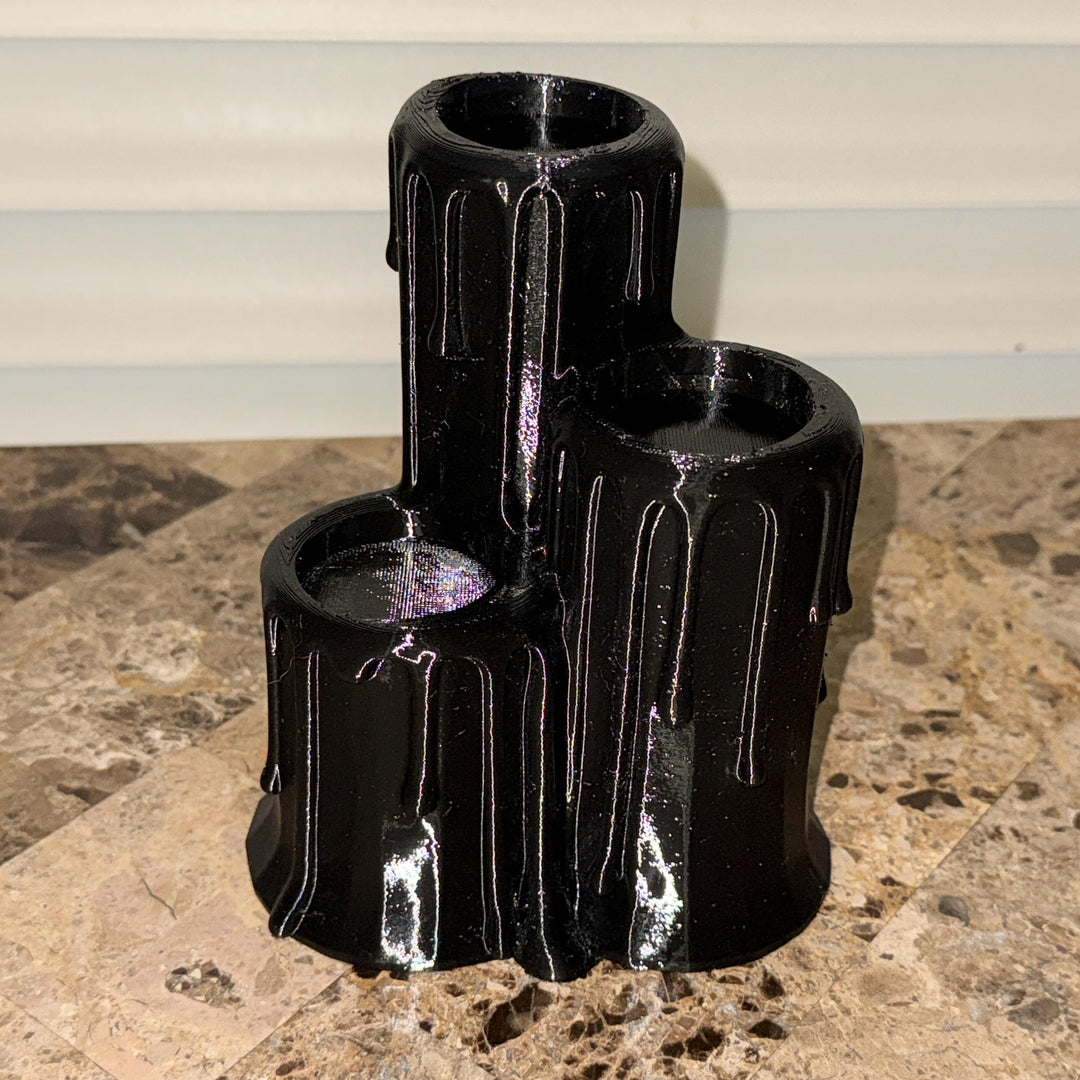 Gothic Black Triple Candlestick Holder, Halloween Dripping Wax Decor, Flameless Display, Spooky Table Centerpiece, Tea lights Included