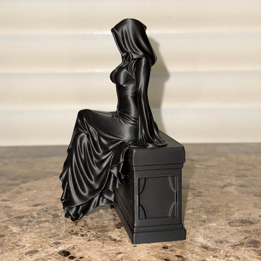 Black Female Reaper Shelf Sitter, Gothic Hooded Woman Statue, Halloween Mantel Decor, Dark Feminine Home Accent