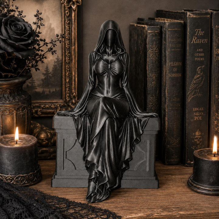 Black Female Reaper Shelf Sitter, Gothic Hooded Woman Statue, Halloween Mantel Decor, Dark Feminine Home Accent