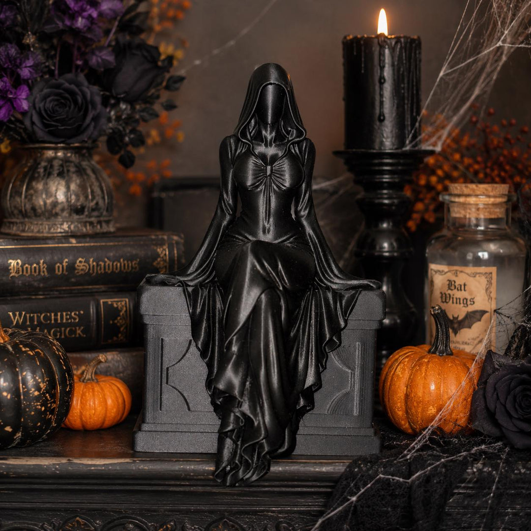 Black Female Reaper Shelf Sitter, Gothic Hooded Woman Statue, Halloween Mantel Decor, Dark Feminine Home Accent