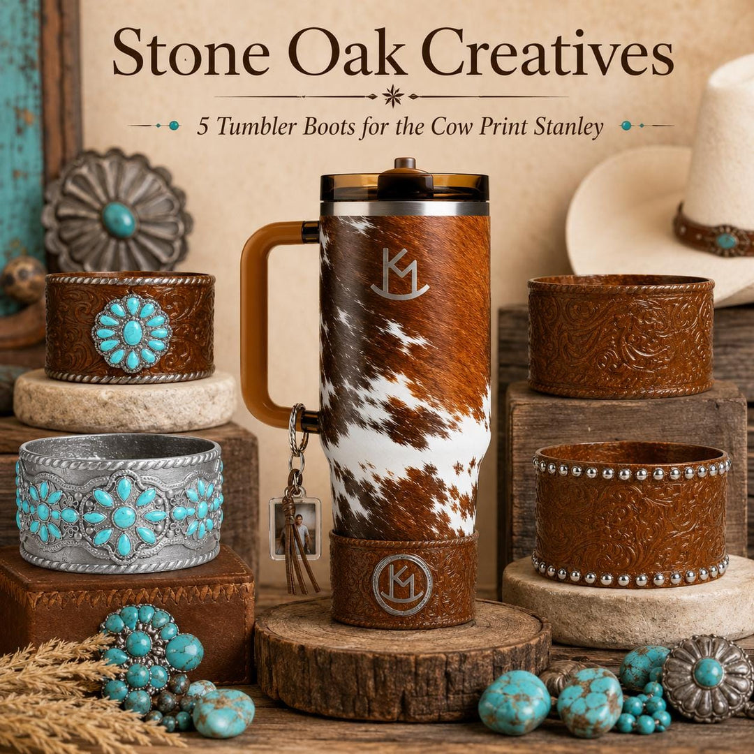 Tooled Leather and Branded Tumbler Boot, Concho Turquoise, Country Gold Horse Rodeo Cup Sleeve, fits Stanley, Coldest and HydroJug Tumblers
