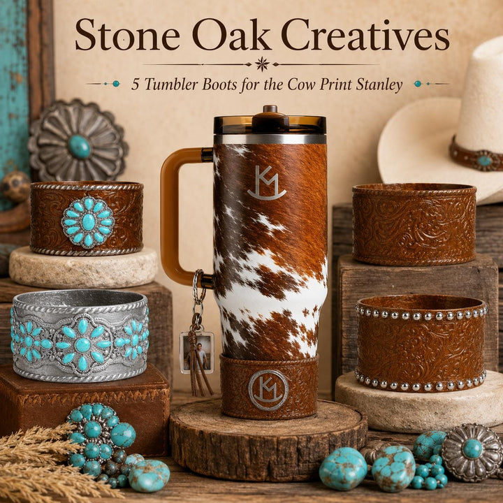 Tooled Leather and Branded Tumbler Boot, Concho Turquoise, Country Gold Horse Rodeo Cup Sleeve, fits Stanley, Coldest and HydroJug Tumblers