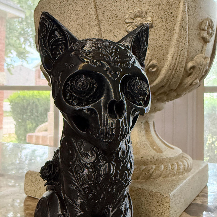 Goth Cat Figure Shelf Decor, Sugar Skull Cat Statue, Dark Home Accent, 3D Printed Gothic Cat, Halloween Decor, Creepy Dark Aesthetic