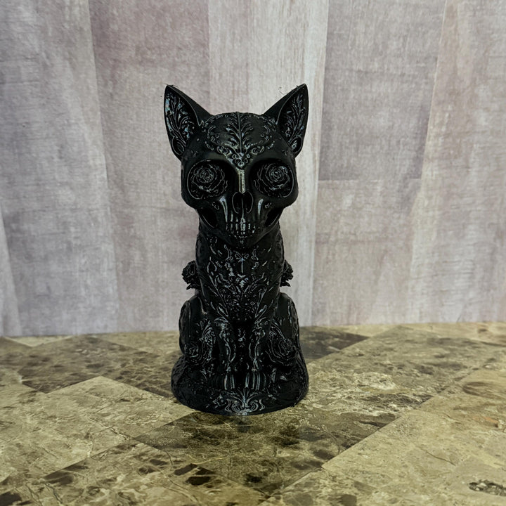 Goth Cat Figure Shelf Decor, Sugar Skull Cat Statue, Dark Home Accent, 3D Printed Gothic Cat, Halloween Decor, Creepy Dark Aesthetic