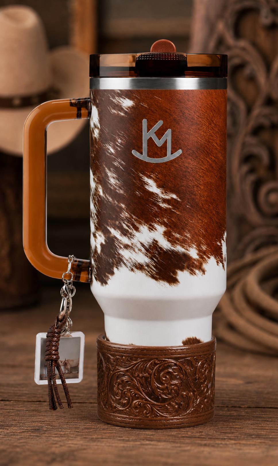 Tooled Leather and Branded Tumbler Boot, Concho Turquoise, Country Gold Horse Rodeo Cup Sleeve, fits Stanley, Coldest and HydroJug Tumblers