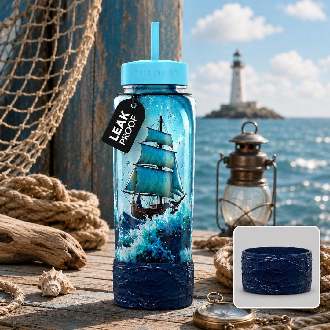 Ship in a Bottle Great Wave Textured Waves Crashing Tumbler Boot, Cup Boot Sleeve, fits your Coldest and Stanley Tumblers, Hand painted