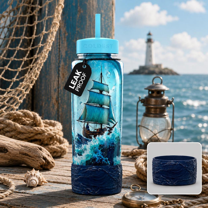 Ship in a Bottle Great Wave Textured Waves Crashing Tumbler Boot, Cup Boot Sleeve, fits your Coldest and Stanley Tumblers, Hand painted