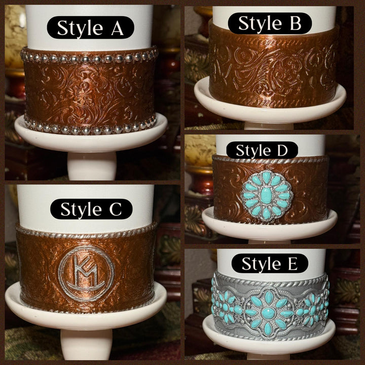 Tooled Leather and Branded Tumbler Boot, Concho Turquoise, Country Gold Horse Rodeo Cup Sleeve, fits Stanley, Coldest and HydroJug Tumblers