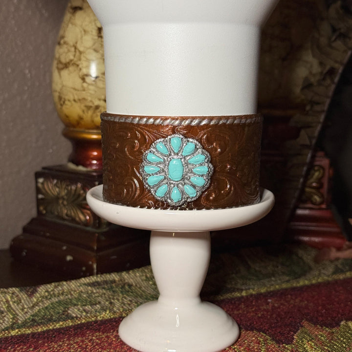 Tooled Leather and Branded Tumbler Boot, Concho Turquoise, Country Gold Horse Rodeo Cup Sleeve, fits Stanley, Coldest and HydroJug Tumblers