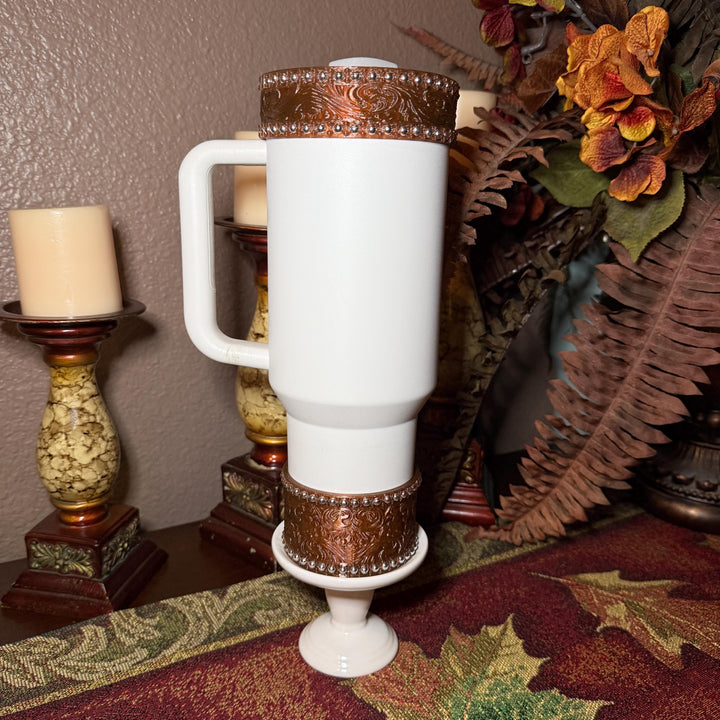 Tooled Leather and Branded Tumbler Boot, Concho Turquoise, Country Gold Horse Rodeo Cup Sleeve, fits your Kacey Musgraves Stanley Tumbler
