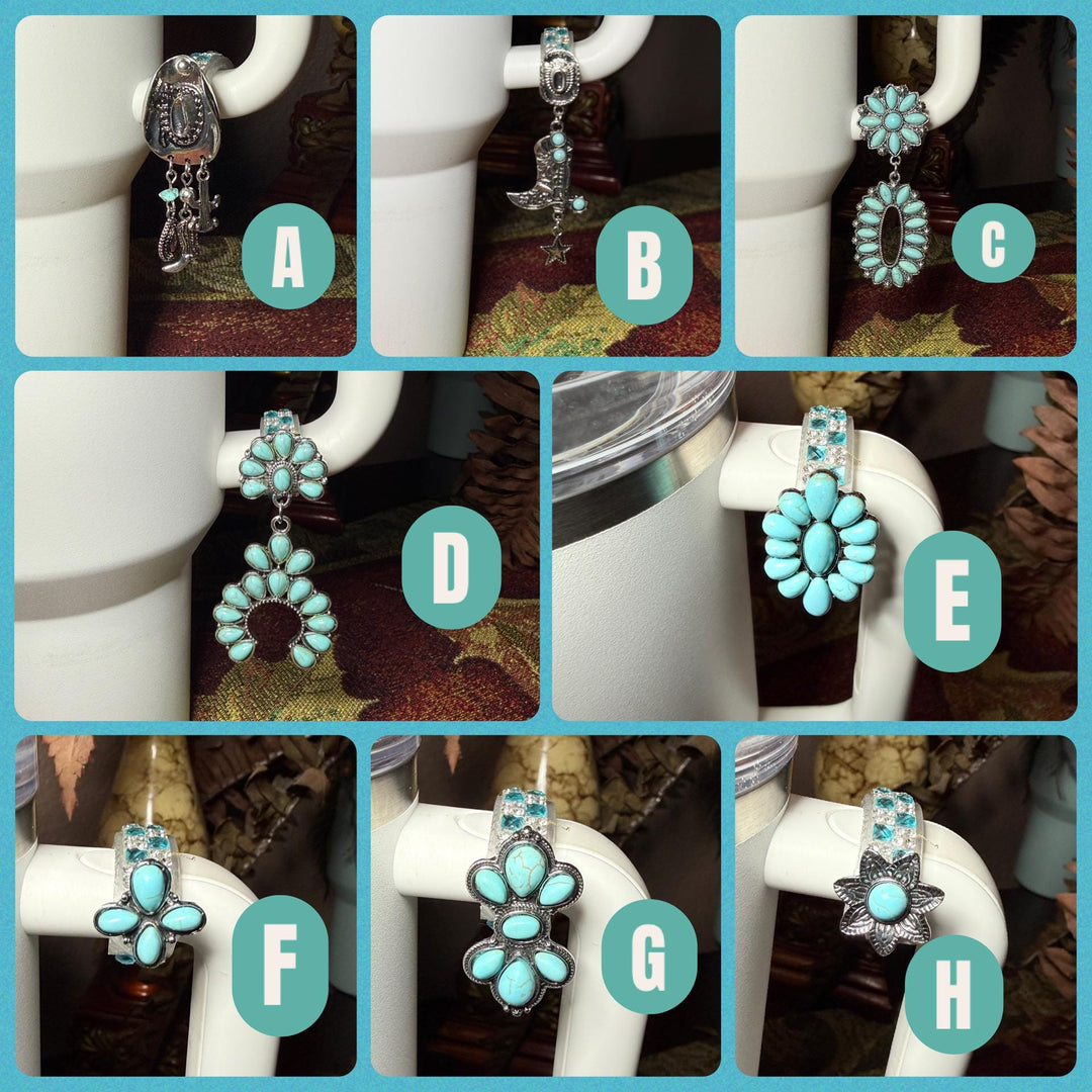 Tooled Leather and Branded Tumbler Boot, Concho Turquoise, Country Gold Horse Rodeo Cup Sleeve, fits Stanley, Coldest and HydroJug Tumblers