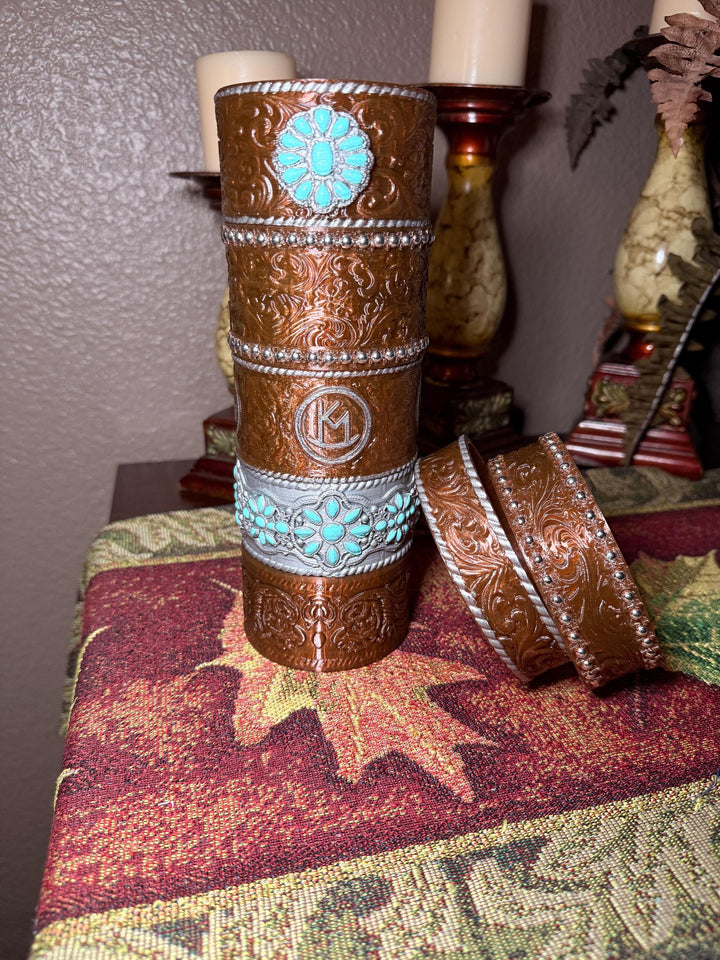 Tooled Leather and Branded Tumbler Boot, Concho Turquoise, Country Gold Horse Rodeo Cup Sleeve, fits Stanley, Coldest and HydroJug Tumblers