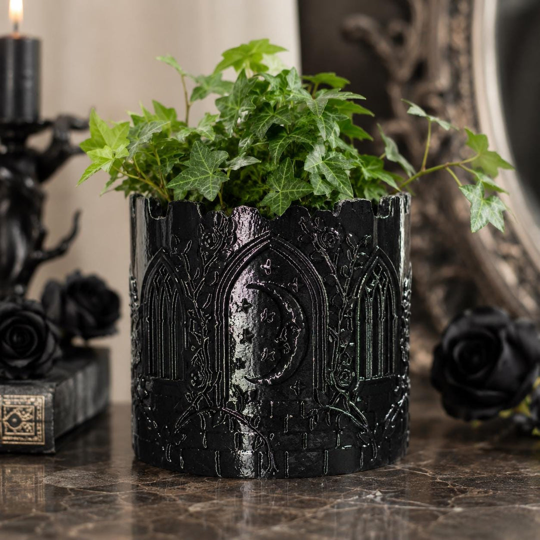 Gothic Cathedral Moon Planter, Black Crescent Moon Planter Vase, Gothic Floral Container, Witchy Home Decor, Halloween Centerpiece