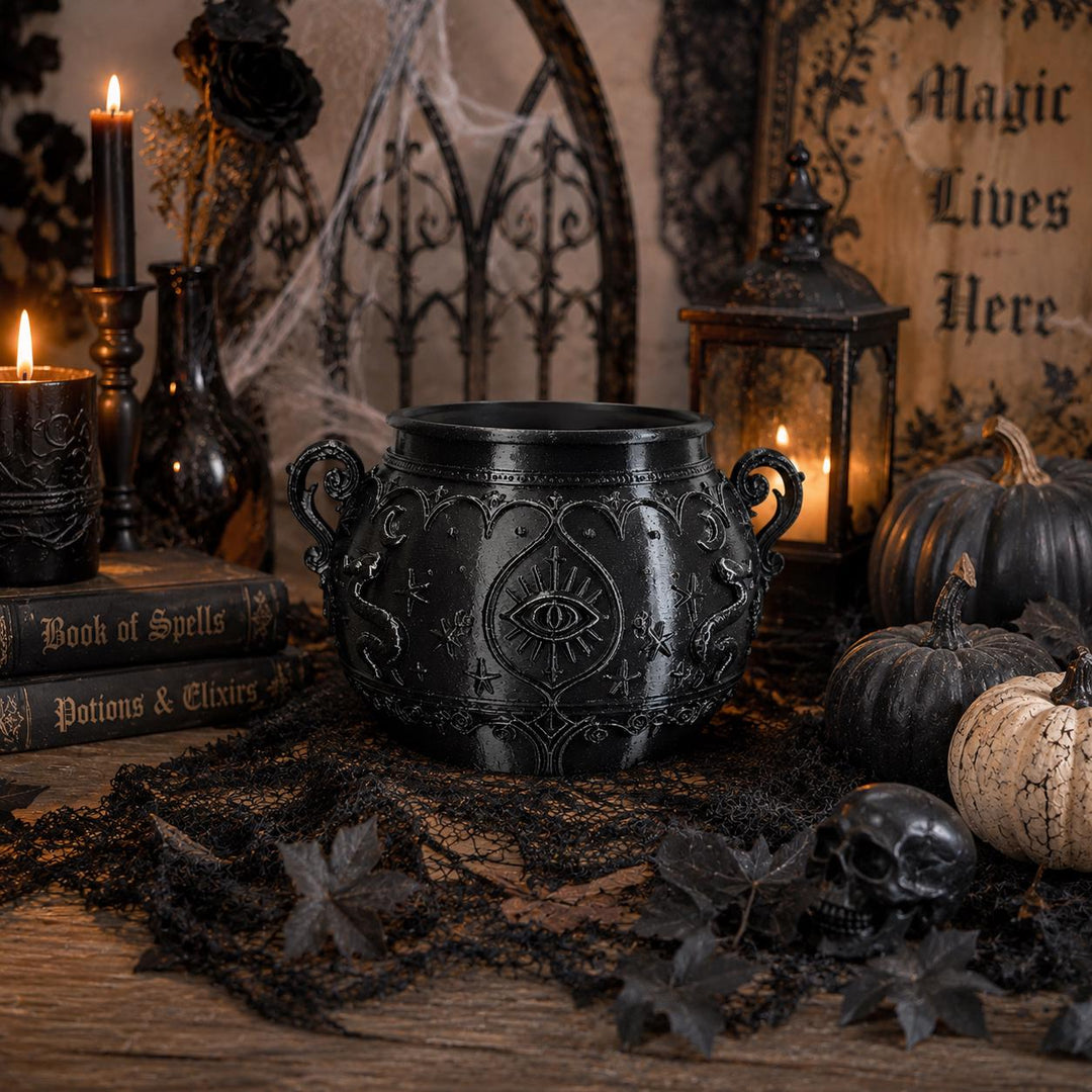 Gothic Cauldron Planter, Black Witchy Vase, All Seeing Eye Decor, Halloween Centerpiece, Occult Altar Bowl, Dark Home Accent