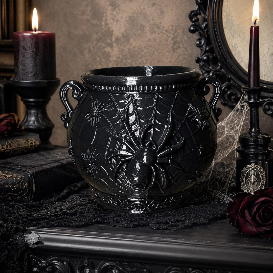 Gothic Spider Web Cauldron, Halloween Cauldron Decor, Black Spider Bowl, Witchy Home Accent, Spooky Gothic Centerpiece
