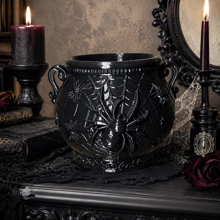 Gothic Spider Web Cauldron, Halloween Cauldron Decor, Black Spider Bowl, Witchy Home Accent, Spooky Gothic Centerpiece