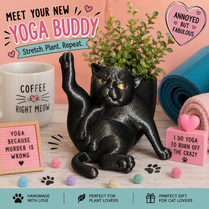 Annoyed Yoga Cat Planter, Funny Cat Succulent Pot, Gothic Black Cat Plant Holder, Quirky Cat Lover Gift, Desk Decor, 3D Printed Planter