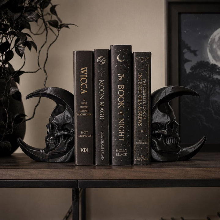 Gothic Skull Moon Bookends, Crescent Moon Book Holder Set, Dark Academia Bookshelf Decor, Gothic Home Library, Witchy Bookends, Halloween