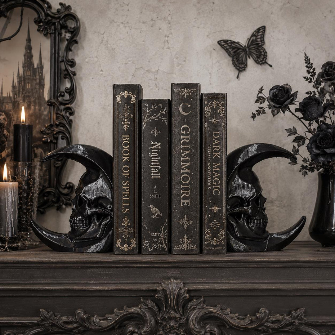 Gothic Skull Moon Bookends, Crescent Moon Book Holder Set, Dark Academia Bookshelf Decor, Gothic Home Library, Witchy Bookends, Halloween