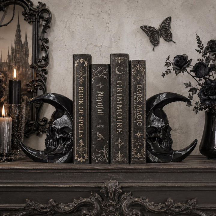 Gothic Skull Moon Bookends, Crescent Moon Book Holder Set, Dark Academia Bookshelf Decor, Gothic Home Library, Witchy Bookends, Halloween
