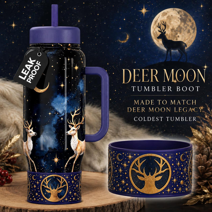 Deer Moon Tumbler Boot, Fathers Day, fits Stanley, Hydrojug, Coldest Tumblers and others, Unique Hunting Gift, navy gold matching colors