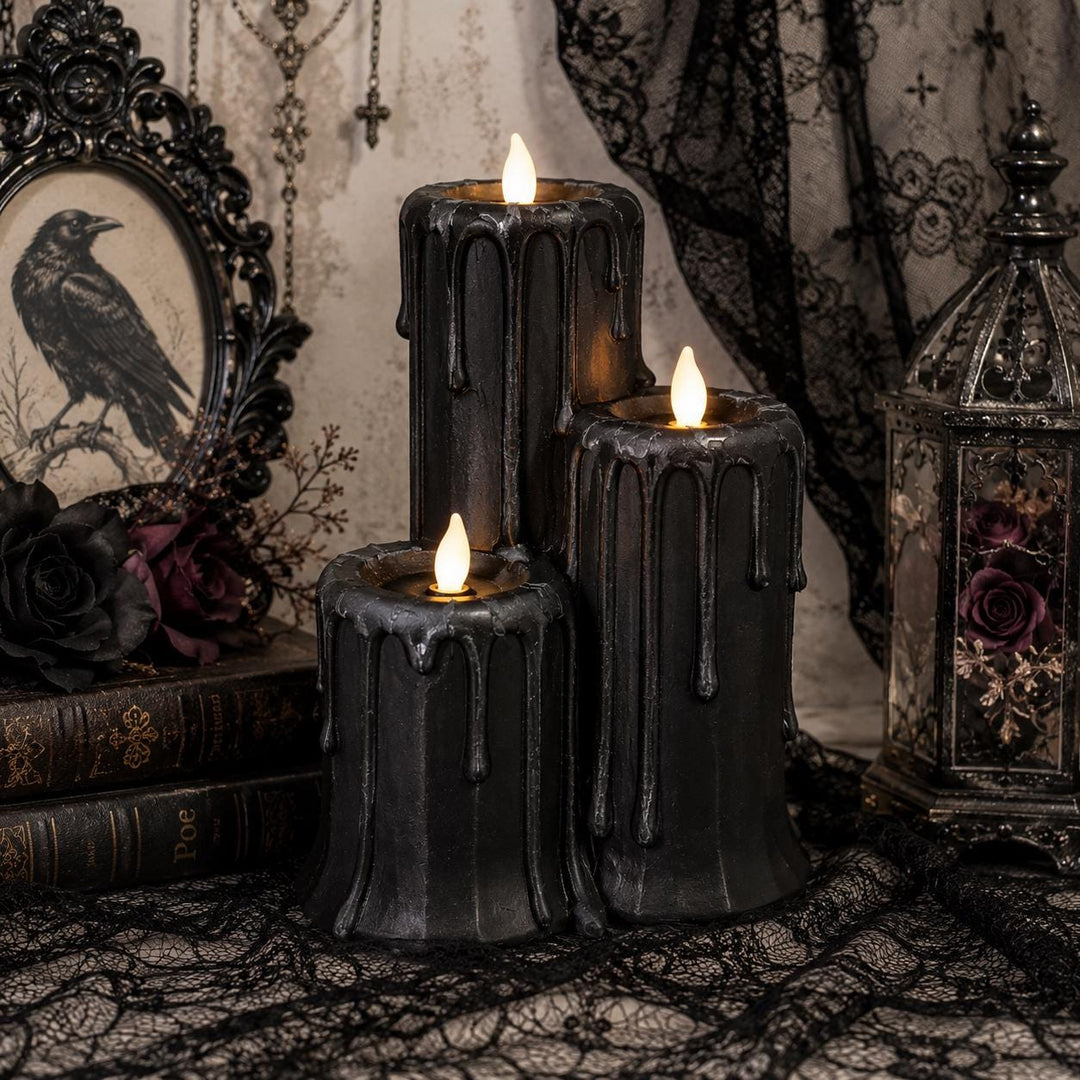 Gothic Black Triple Candlestick Holder, Halloween Dripping Wax Decor, Flameless Display, Spooky Table Centerpiece, Tea lights Included