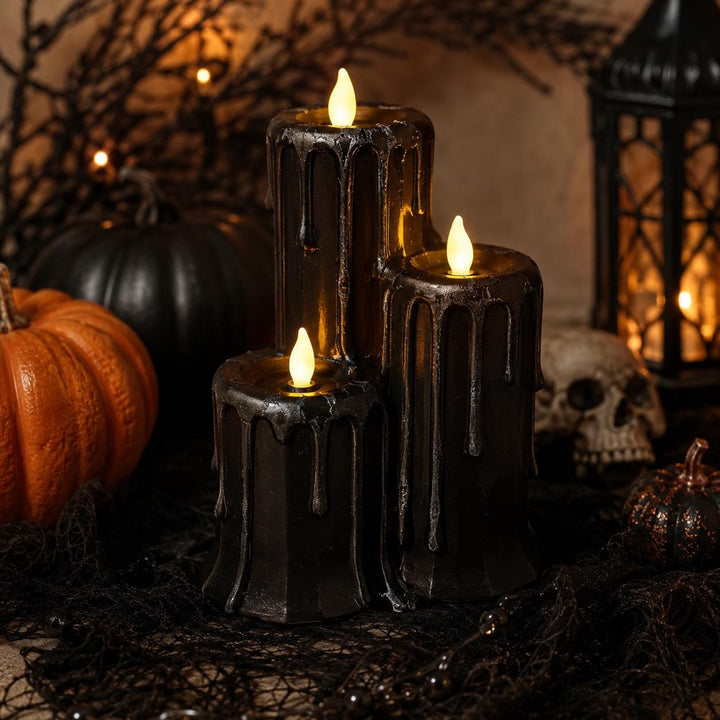 Gothic Black Triple Candlestick Holder, Halloween Dripping Wax Decor, Flameless Display, Spooky Table Centerpiece, Tea lights Included